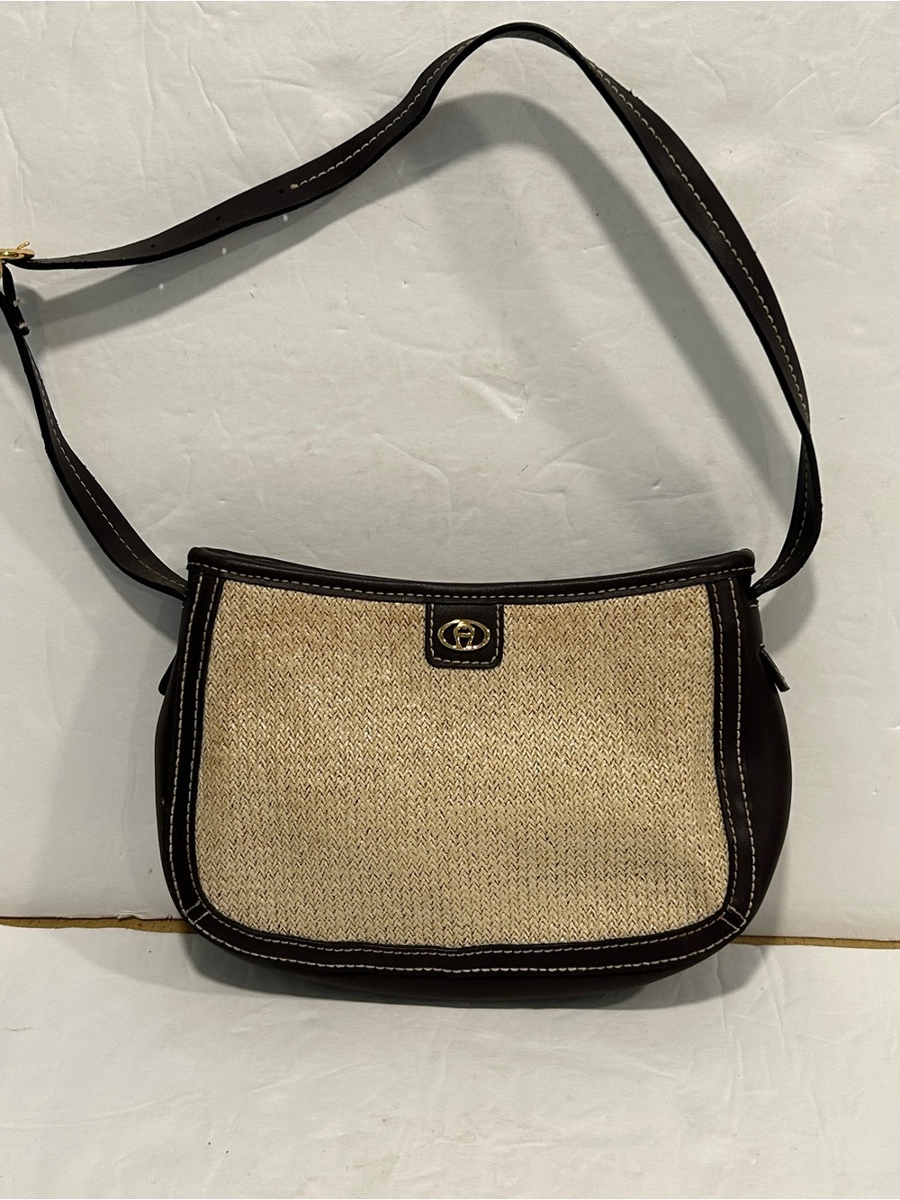 Vintage Etienne Aigner Woven Straw & Brown Leather Shoulder Bag - Gold Logo
